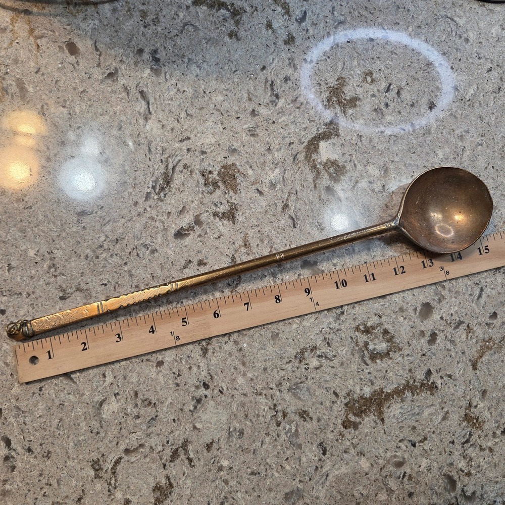 Vintage Handcrafted Long Handle Brass Spoon Etched Primitive Decorative Ladle 17 - Picture 11 of 13